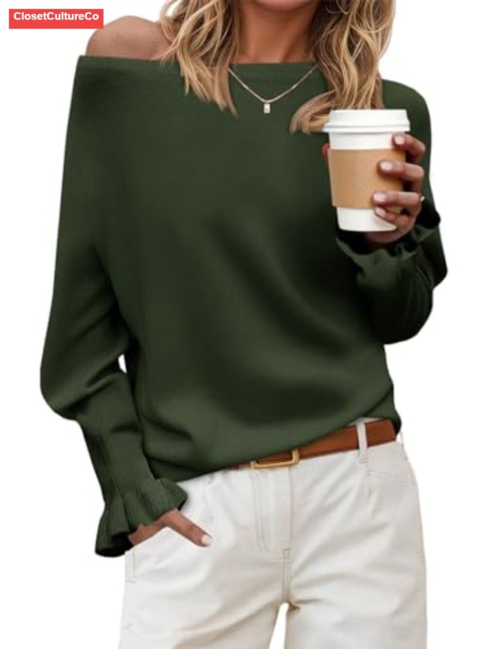 Women's Boat Neck Off Shoulder Ruffle Knit Pullover Sweater